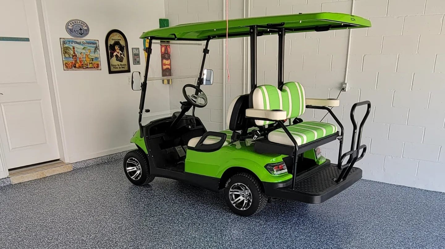 Flake garage floor with a golf cart
