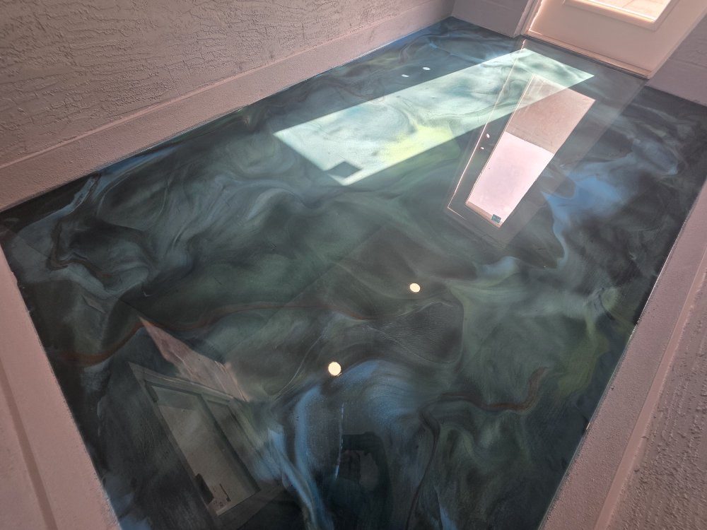 Teal metallic floor coating